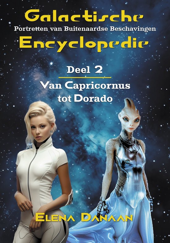 Boekomslag Galactische Encyclopedie Deel 2 met een blonde vrouw en een buitenaards wezen tegen een sterrenhemel.