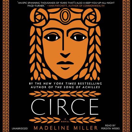 Boekcover van Circe met een oranje gezicht en gevlochten haar op een zwarte achtergrond, met Griekse patronen aan de zijkanten.