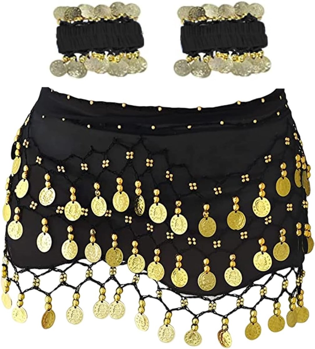 Elegante heupdoek voor buikdans met 128 munten, inclusief pols- en enkelarmbanden, perfect voor buikdans, Zumba en yoga lessen.