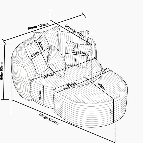 Technische tekening van een roze loungestoel met afmetingen in het Duits.
