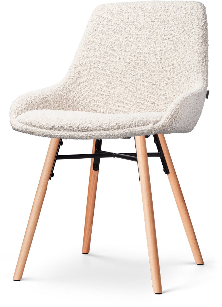Nolon Nena-Isa Eetkamerstoel Bouclé Beige - Stof - Zonder Armleuning - Houten Poten - Scandinavisch - Comfortabel Bouclé - Beige - Naturel onderstel