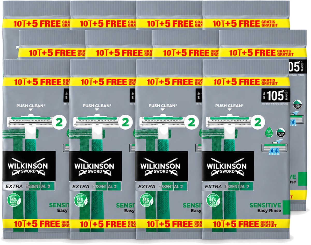 12 x Wilkinson - Wegwerpscheermesjes - Extra Essential 2 Sensitive - Zacht - 15 mesjes - Voordeelverpakking - 12 stuks