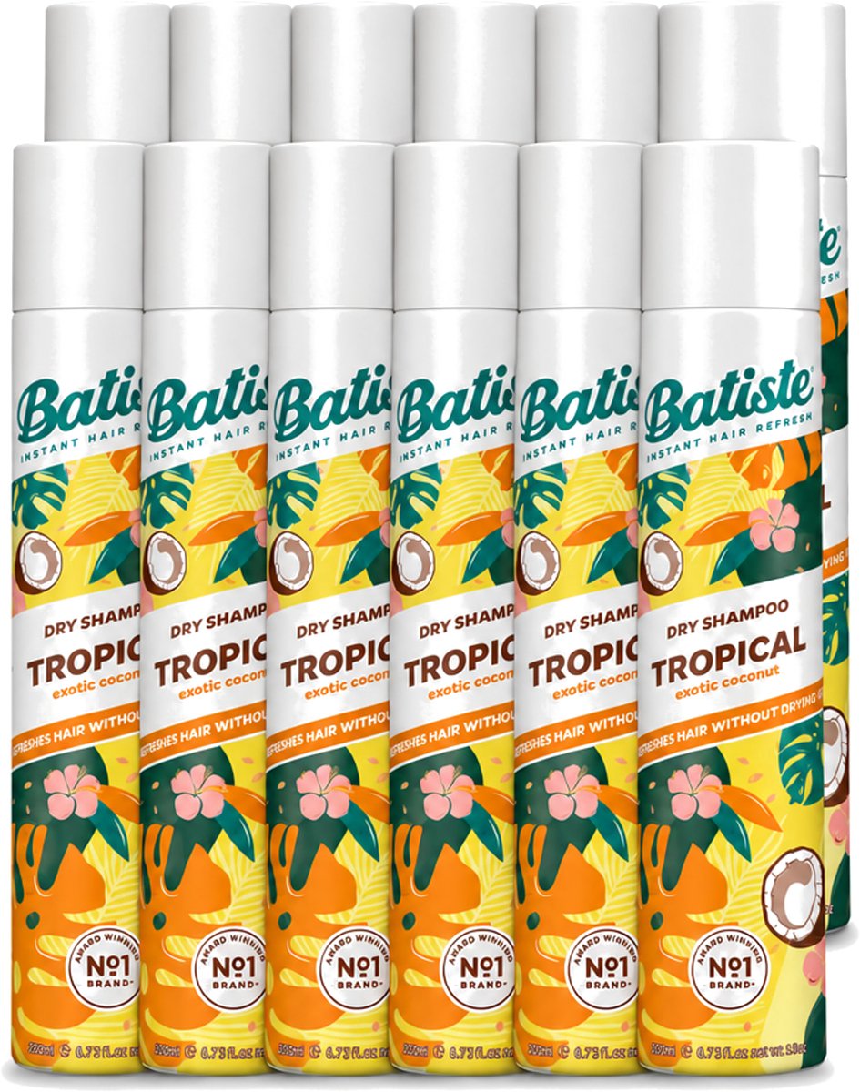 12 x Batiste - Tropical - Droogshampoo - Tropische Geur - Verfrist en Stylet - 200ml - Voordeelverpakking - 12 stuks