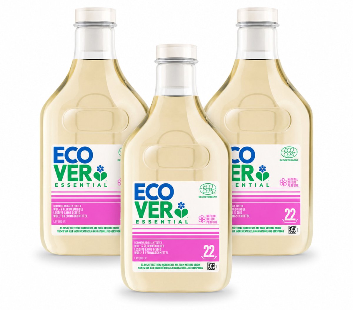 3 x Ecover - Vloeibaar wasmiddel Essential - Wol & Fijnwas - 1 liter - 22 wasbeurten - Voordeelverpakking - 3 stuks