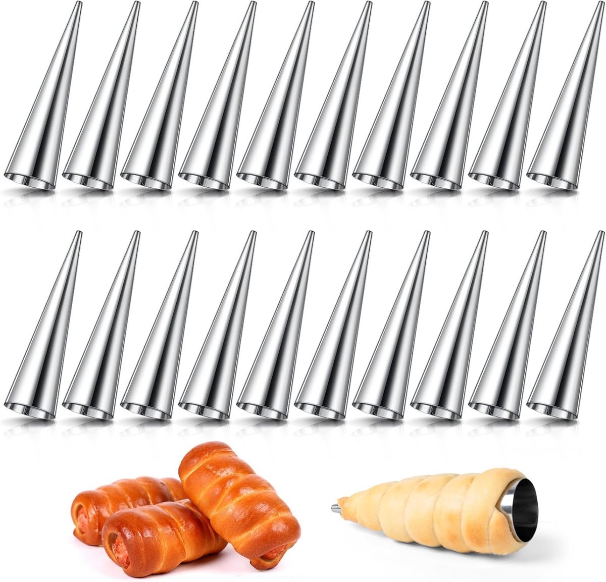 SnelShoppen - 20 Stuks Roestvrijstalen Cannoli Vormen, Kegels voor Croissant Bakvormen, Uitsteekvormen voor Cake, Brood en Gelato - Ideaal voor Feeste