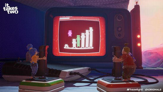 Twee kinderen staan voor een retro tv-scherm dat een grafiek toont. Ze houden joysticks vast.