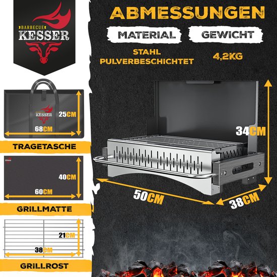KESSER® Klapgrill - draagbare houtskoolgrill van gepoedercoat staal - met grillmat en draagtas - zwart van KESSER — afbeelding 5