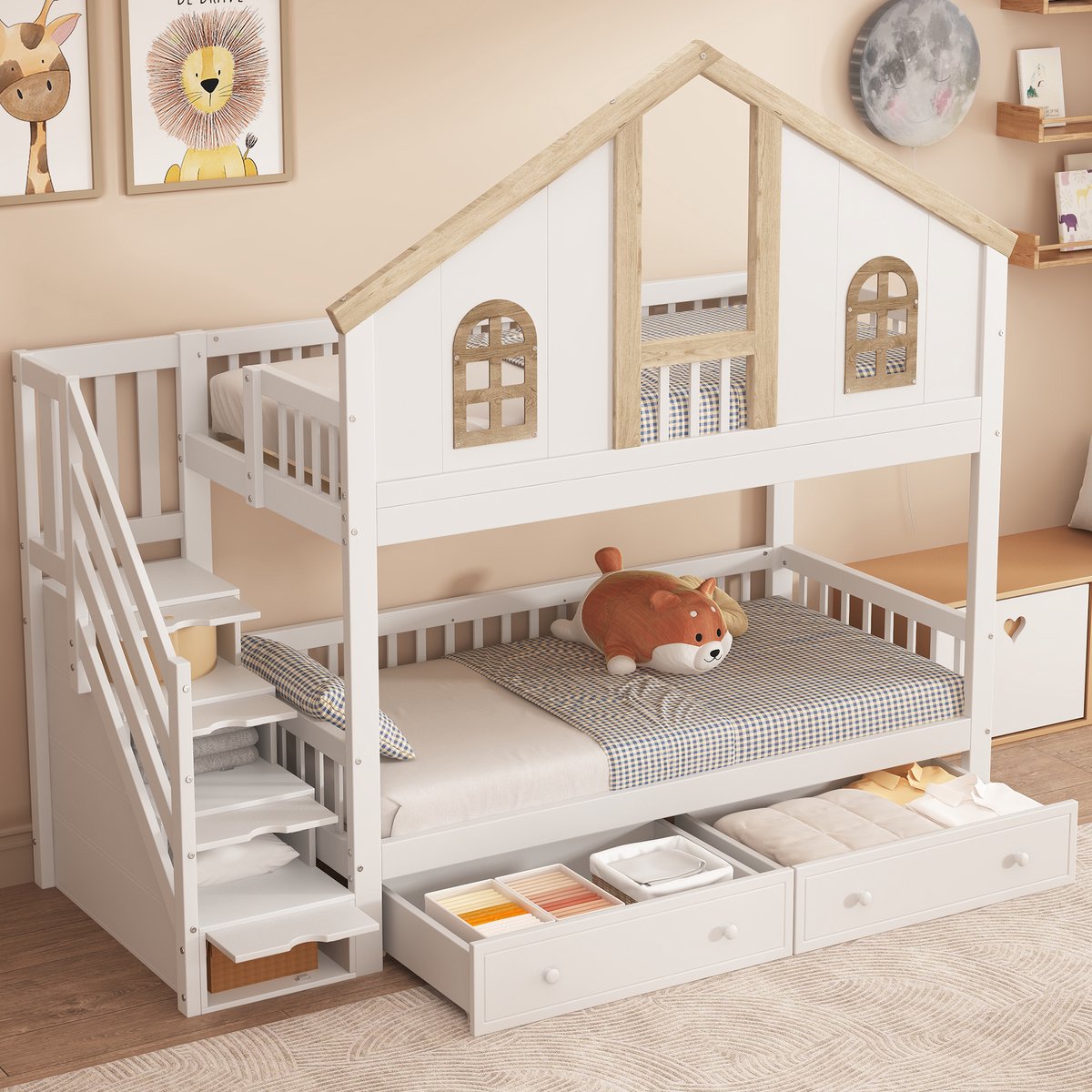 MIVRAY Kinderstapelbed 90x200 cm - Huisbed Met Opbergtrap En Laden - Voor Kinderkamer Met Valbeveiliging - Hout En MDF - Wit/Naturel - Zonder Matras