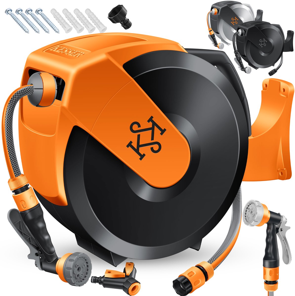 KESSER® Slanghaspel met tuinslang 20 m - wandmontage, automatisch oprolsysteem - zwart/oranje