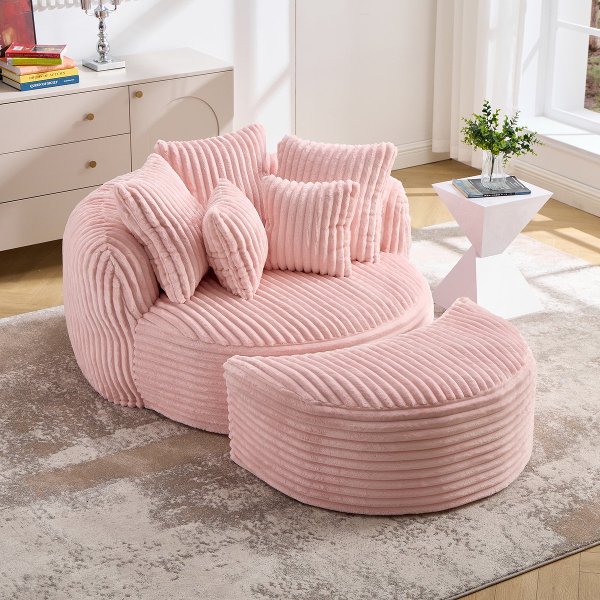 STILVORA Fauteuil 168 x 123 x 63 Cm - Ronde Leesstoel Met Hocker En Vijf Kussens - Voor Woonkamer En Slaapkamer - Chenille Roze
