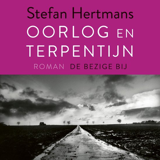 Boek 'Oorlog en terpentijn' door Stefan Hertmans. Paars met witte tekst en een dramatisch zwart-wit landschap.