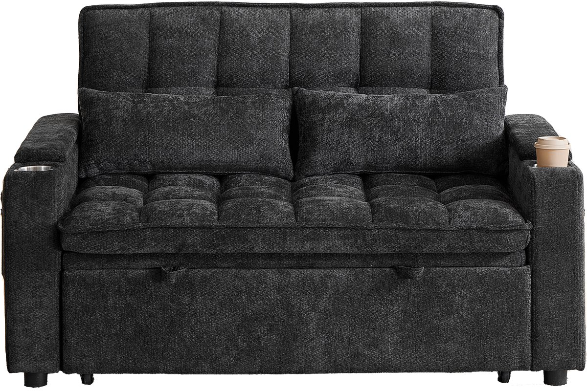 OKWISH Slaapbank 142 Cm - 3-In-1 Met Slaap- En Ligfunctie - Met Opbergruimte En Bekerhouders - Voor Woon- Of Logeerkamer - Chenille - Zwart