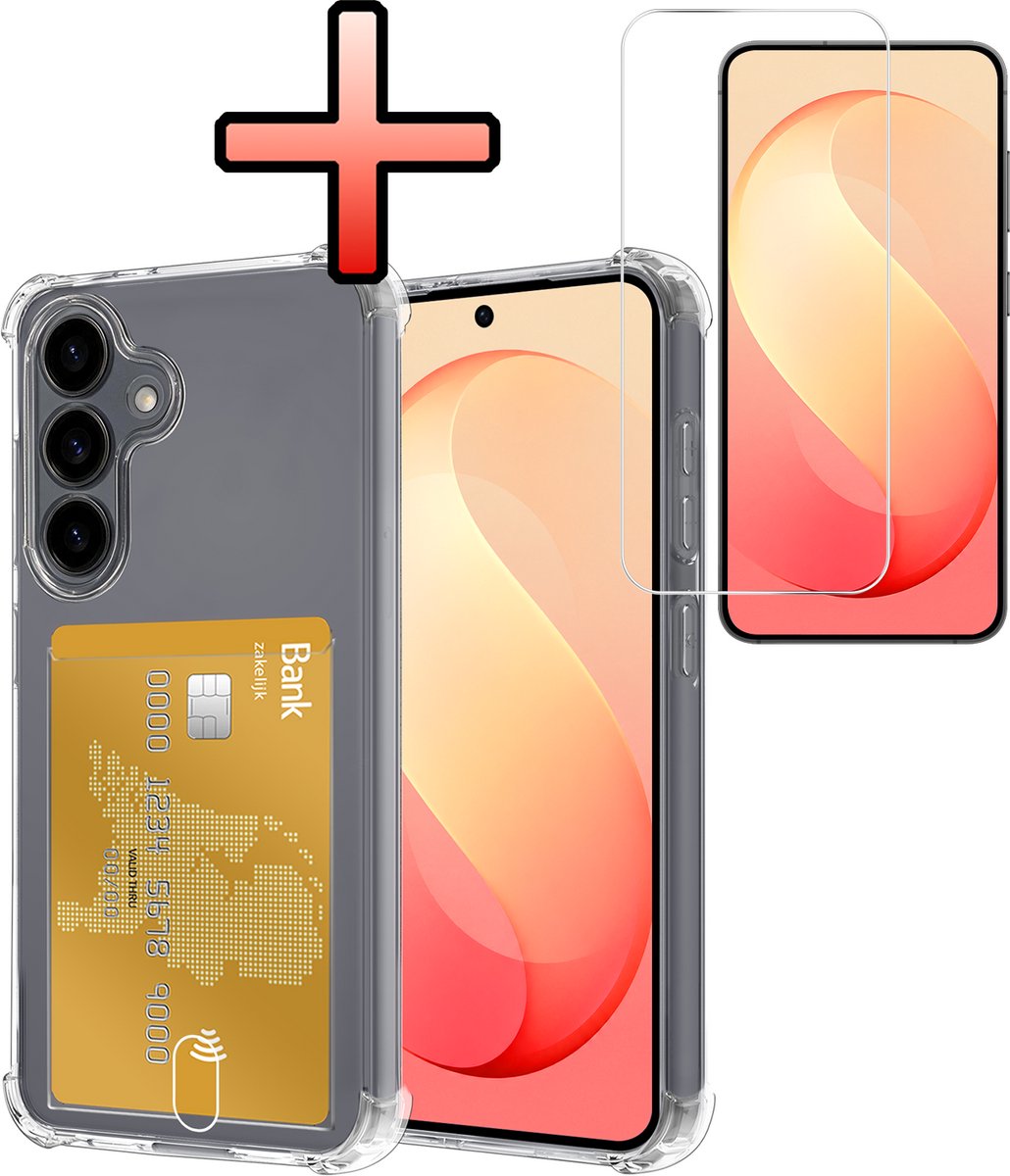 Hoesje - Geschikt voor Samsung Galaxy S26 FE - Met Screenprotector - En Pashouder - En Kaarthouder - Telefoon Hoes Shockproof - Siliconen Case - Back Cover - Shock Proof - Pasjes Houder - Transparant