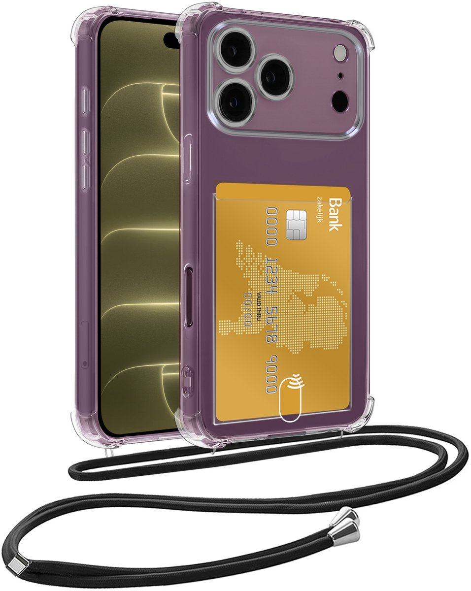Hoesje Geschikt voor iPhone 18 Pro Telefoonhoesje Met Koord Case Pashouder Siliconen - Hoes Geschikt voor iPhone 18 Pro Hoesje Met Kaarthouder - Transparant