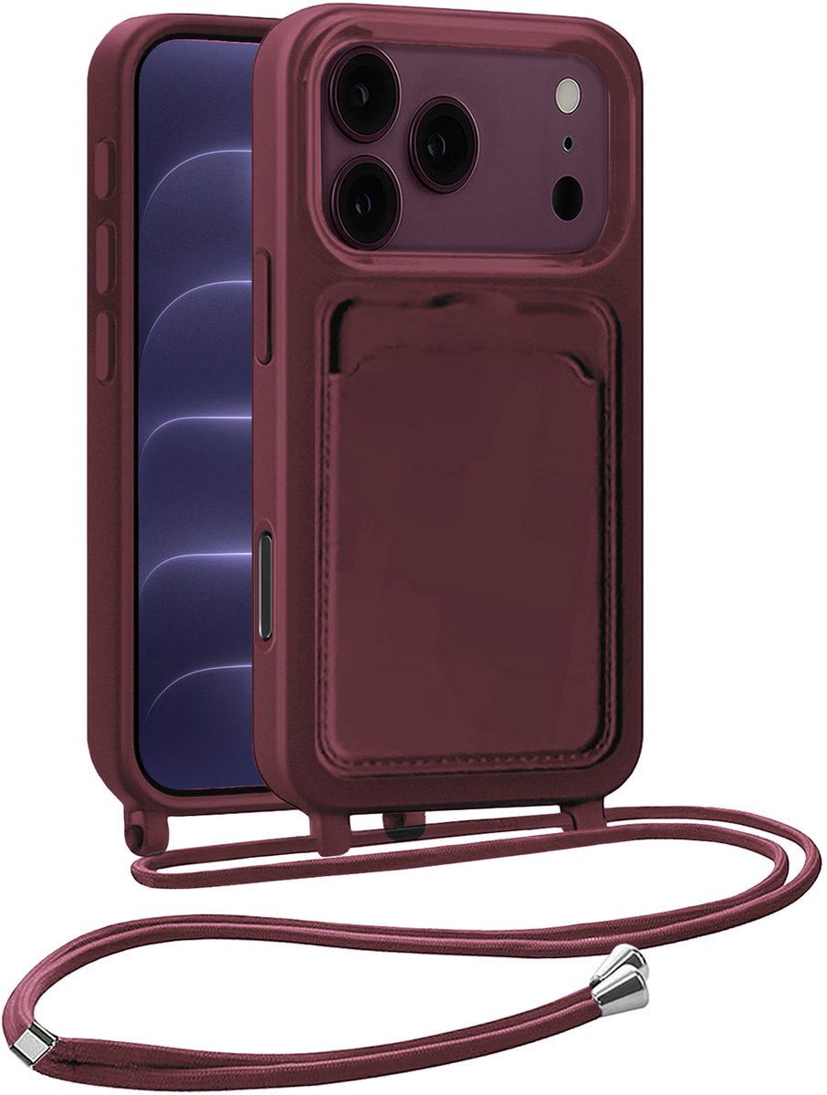 Hoesje Geschikt voor iPhone 18 Pro Hoesje Siliconen Case Met Koord - Hoes Geschikt voor iPhone 18 Pro Hoesje Backcover Met Telefoonkoord - Telefoonhoes - Aubergine