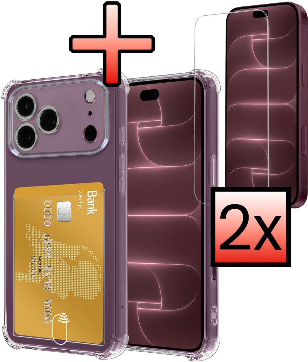 Hoesje - Geschikt voor Apple iPhone 18 Pro Max - Met 2x Screenprotector - Pashouder - Kaarthouder - Telefoon Hoes Shockproof - Siliconen Case - Back Cover - Shock Proof - Pasjes Houder - Transparant