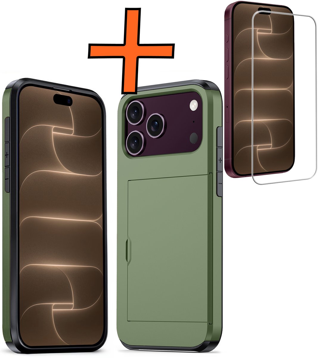 Hoesje Geschikt voor iPhone 18 Pro Max Hoesje Pasjeshouder Shockproof Hard Case Met Screenprotector - Hoesje Geschikt voor iPhone 18 Pro Max Hoes Met Kaarthouder - Donkergroen
