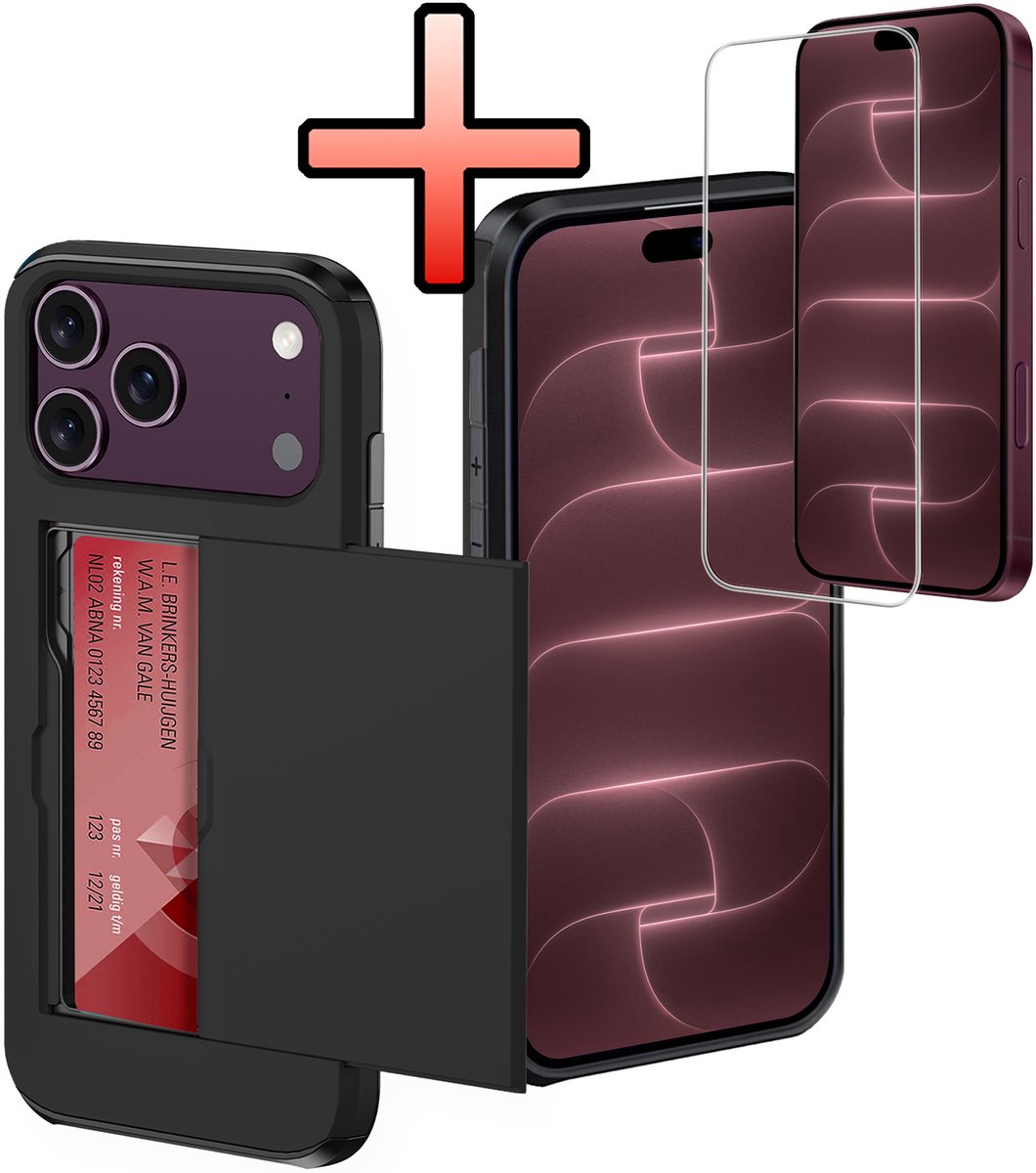 Hoes Geschikt voor iPhone 18 Pro Max Hoesje Pasjeshouder Hard Cover Met Screenprotector Shock Proof Hard Case Hoes Met Kaarthouder - Zwart