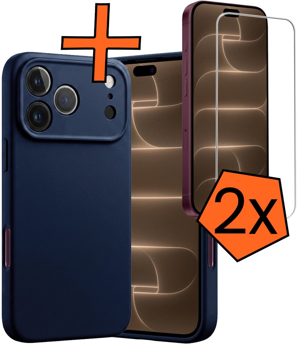 Hoes - Met 2x Screenprotector - Geschikt voor Apple iPhone 18 Pro - Sterk & Shockproof - Back Cover - Siliconen Case - Telefoon Hoes - Donkerblauw