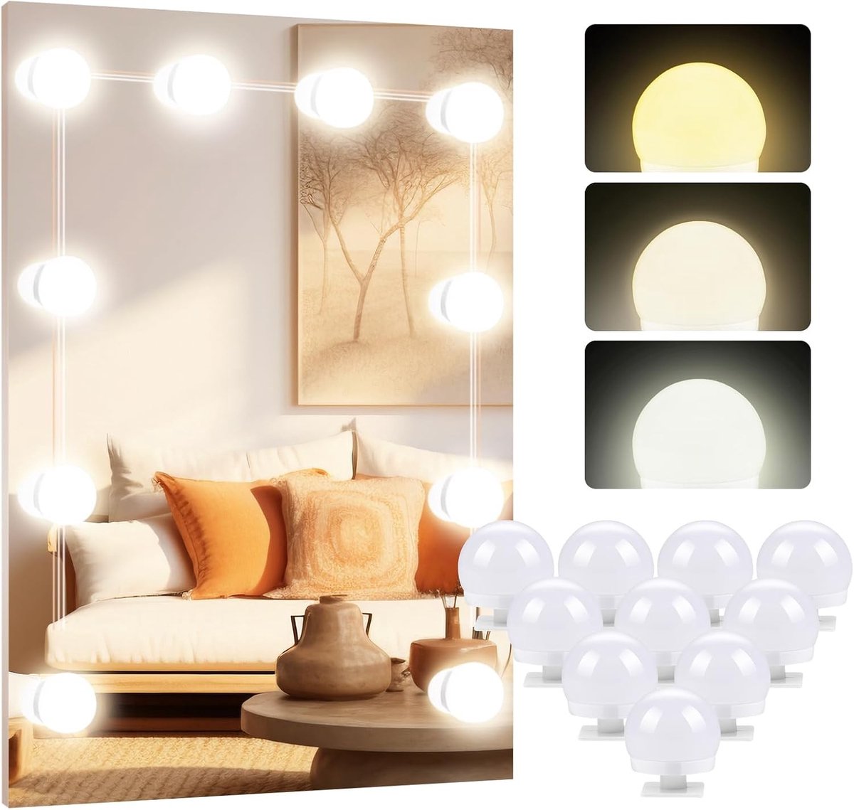 Hollywood Spiegelverlichting met 10 Dimbare LED Lampen, 3 Kleuren voor Make-up, Slaapkamer en Badkamer Decoratie