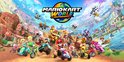 Alle Mario Kart karakters verzameld, dansend en racend op kleurrijke voertuigen, met Mario Kart World logo.