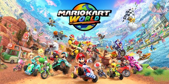 Alle Mario Kart karakters verzameld, dansend en racend op kleurrijke voertuigen, met Mario Kart World logo.