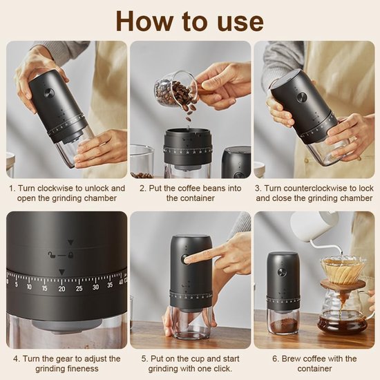 Draadloze Elektrische Koffiemolen met 40 Instelbare Maalniveaus, Keramische Molen en USB Oplaadbaar voor Thuis en Reizen — afbeelding 4