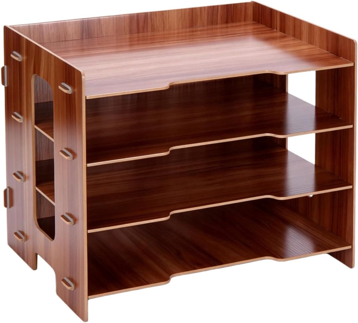 SnelShoppen - Houten Brievenbak A4, 4-laags Documentenhouder van Massief Sakura-hout, Bureau-Organizer met Stabiele Opbergvakken voor Kantoor en Thuis