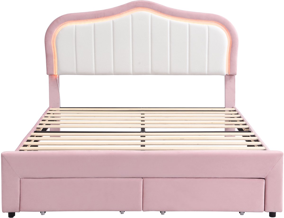 DESMIU Kinderbed 140 x 200 cm – Zachte Fluwelen Bekleding – Ledverlichting Via App – 2 Lades – Kinderkamer – Zonder Matras – Roze