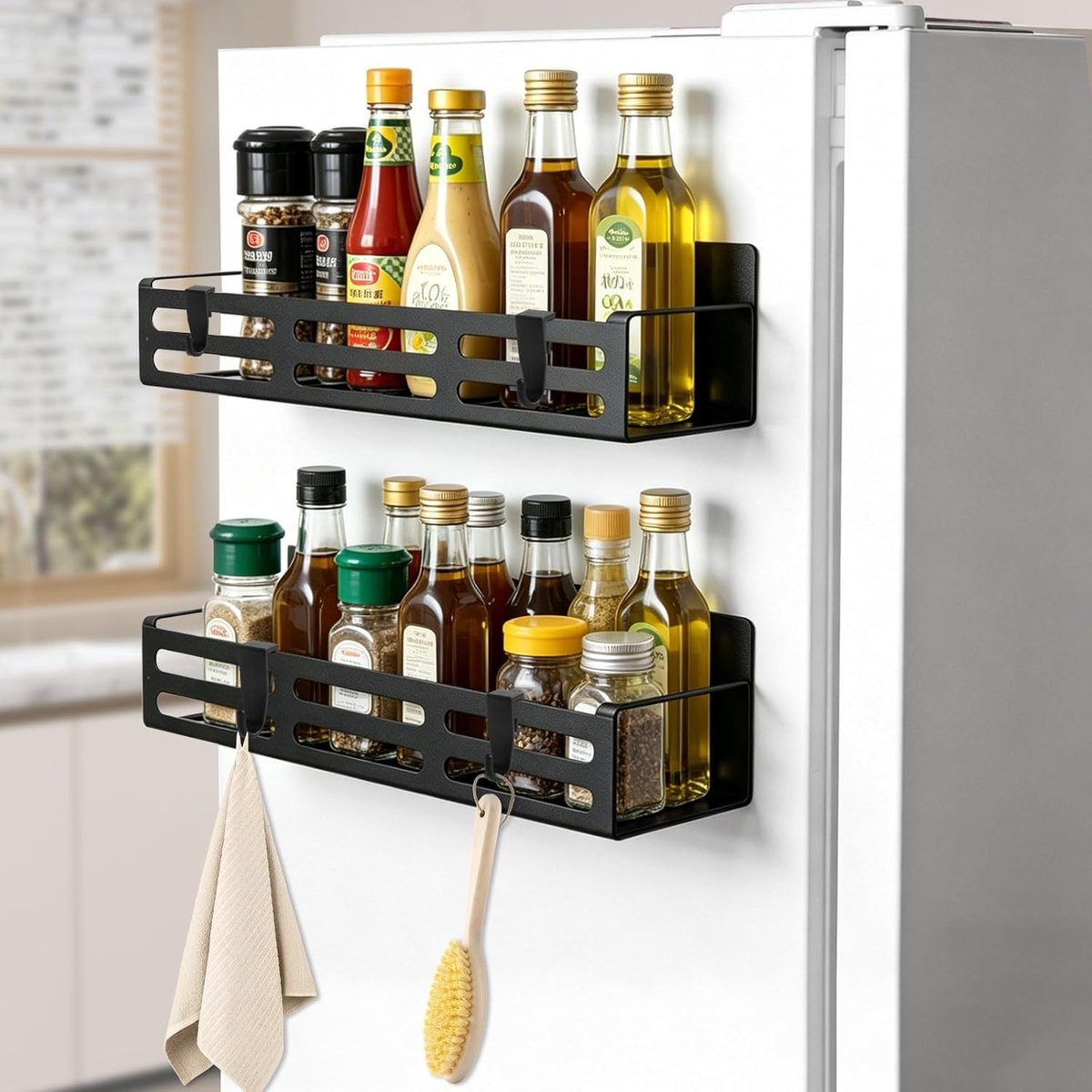 SnelShoppen - Magnetisch Kruidenset 2 Stuks Verplaatsbare Magnetische Planken voor Koelkast met 4 Haken - Zwart - Ideaal voor Kruidens, Glazen en Keuk