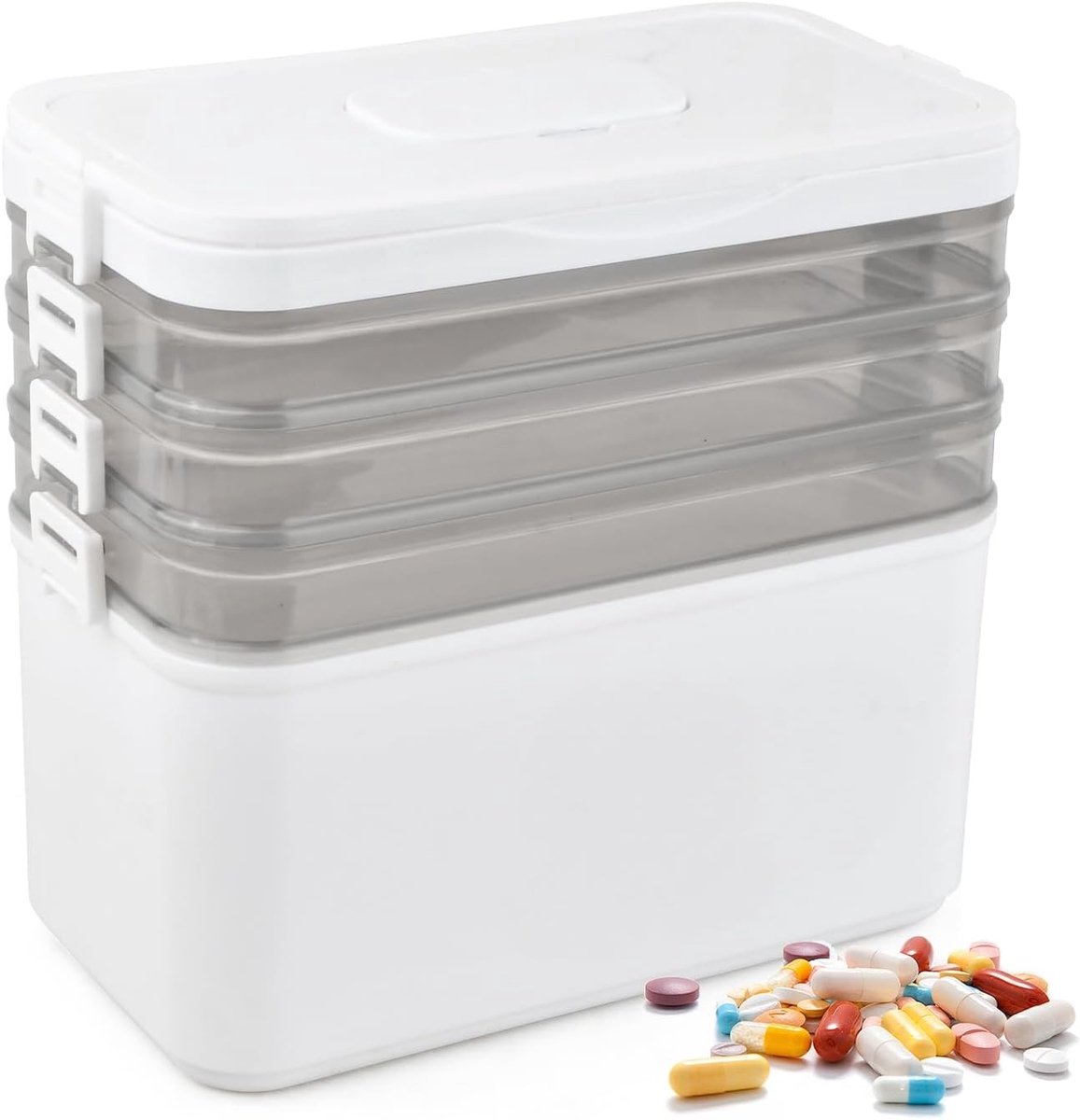 Draagbare Medicijnendoos met 4 Lagen en Handvat, Transparant Plastic voor Thuis en Op Reis, Organizer en Opbergdoos