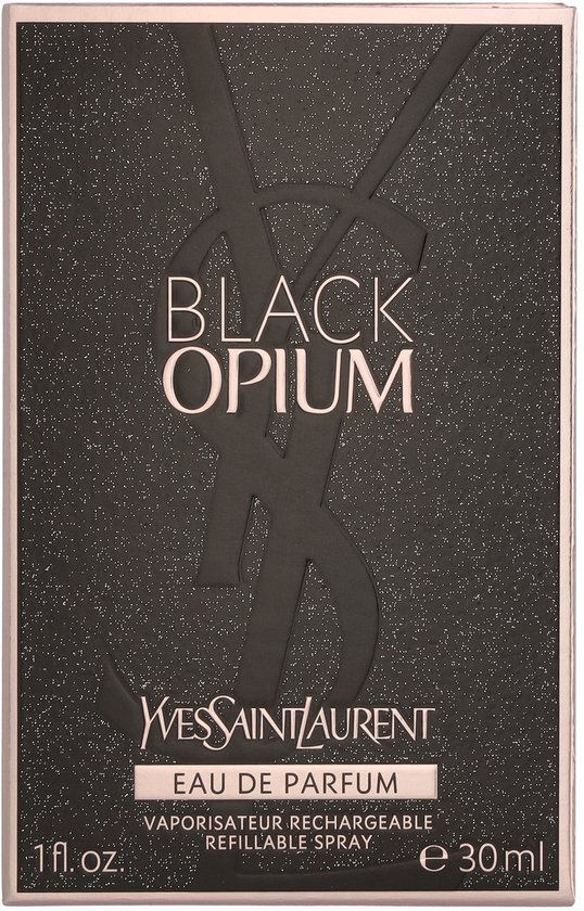 Yves Saint Laurent Black Opium Eau de Parfum verpakking met glinsterend zwart design, YSL-logo en tekst.