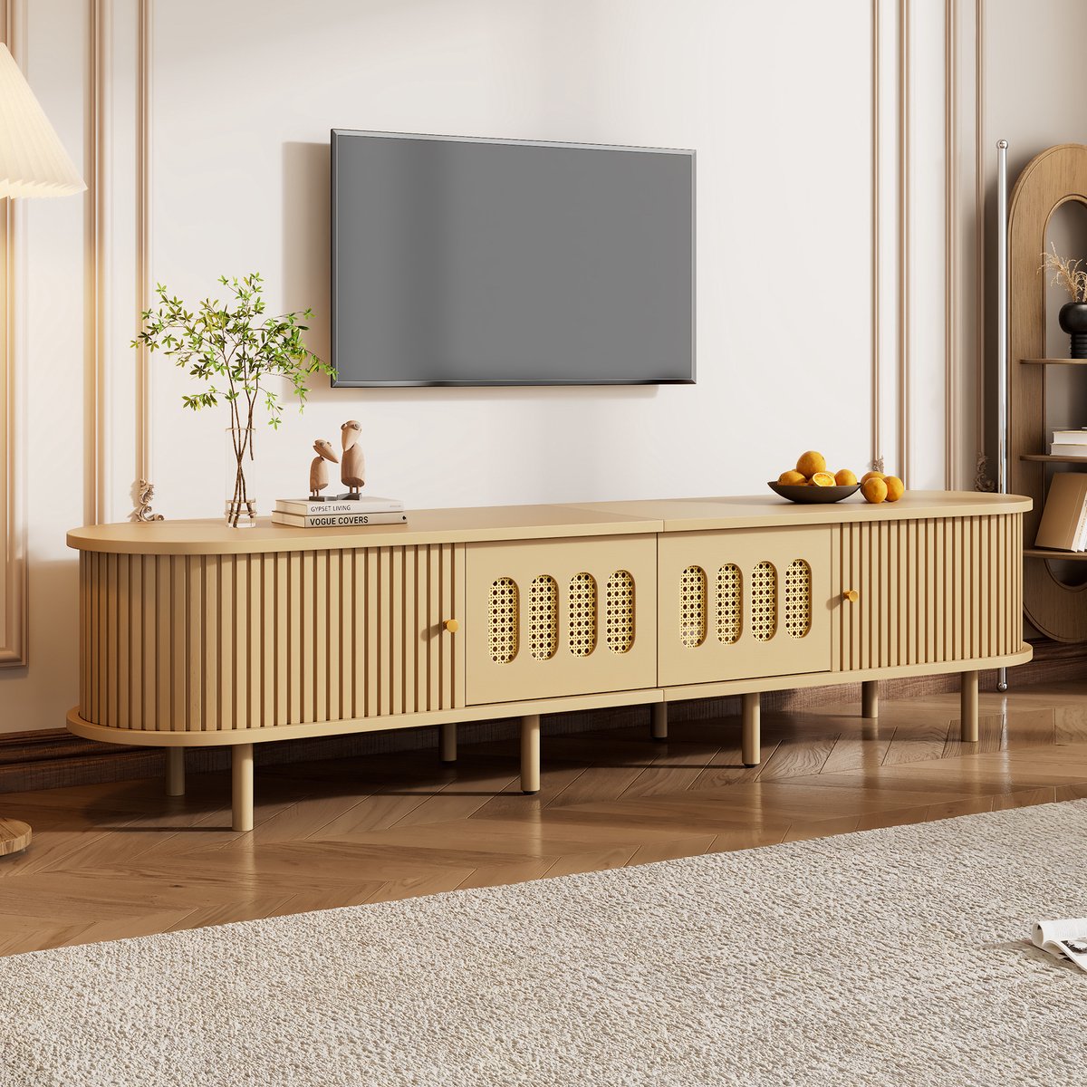 COVREO TV meubel met 2 deuren – Mediakast met 2 roldeuren – Dressoir voor woonkamer en tv tot 75 inch – 180x40x40 cm – Natural Naturel
