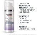 Eucerin Hyaluron-Filler + Longevity nachtcrème in witte pompflacon. Tekst: 'DRAAIT 10 ZICHTBARE TEKENEN VAN HUIDVEROUDERING TERUG'.