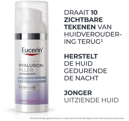 Eucerin Hyaluron-Filler + Longevity nachtcrème in witte pompflacon. Tekst: 'DRAAIT 10 ZICHTBARE TEKENEN VAN HUIDVEROUDERING TERUG'.