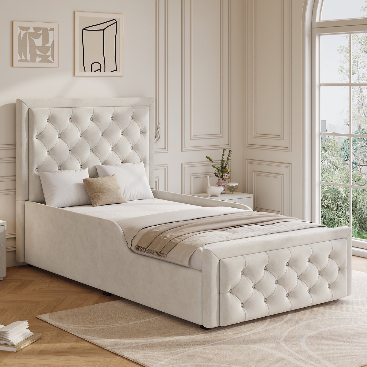 AURA LUMEN Gestoffeerd bed-Eenpersoonsbed-90 x 200 cm-Hydraulisch bed met opbergruimte-Bed met hoofdbord-Beige