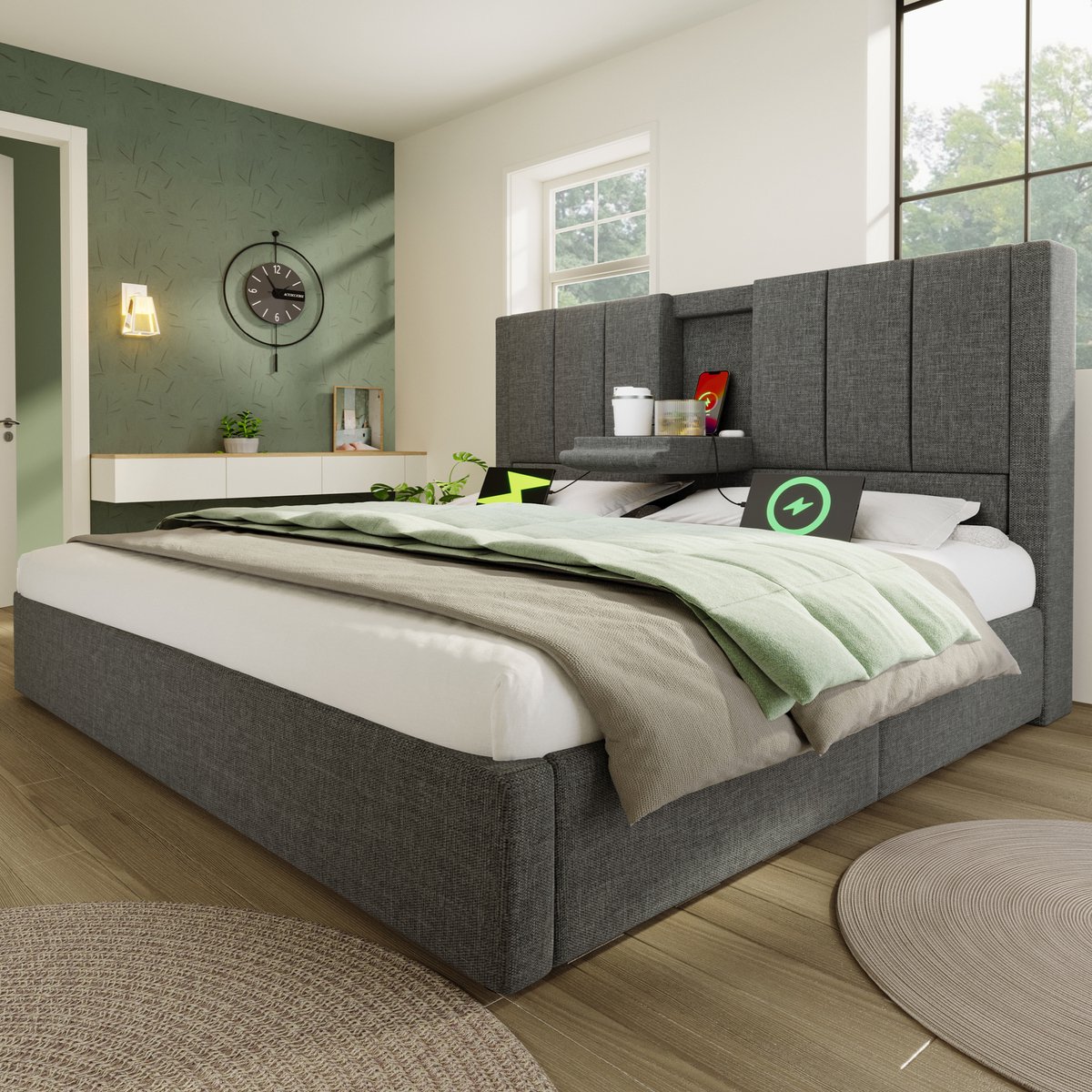 AURA LUMEN Gestoffeerd bed-Tweepersoonsbed-160 x 200 cm-Hydraulisch bed-Bed met LED en USB-Grauw Grijs