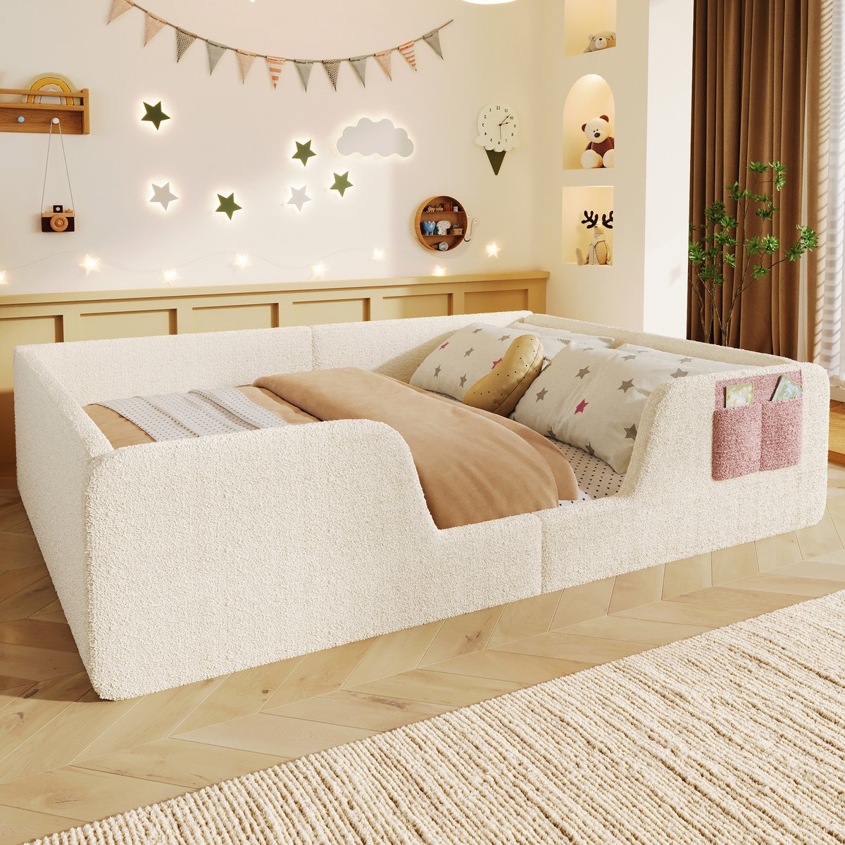 AURA LUMEN Gestoffeerd kinderbed-Twijfelaarbed-140x190 cm-zacht velours-beige-afneembare veiligheidsgitter-integrale opbergzak