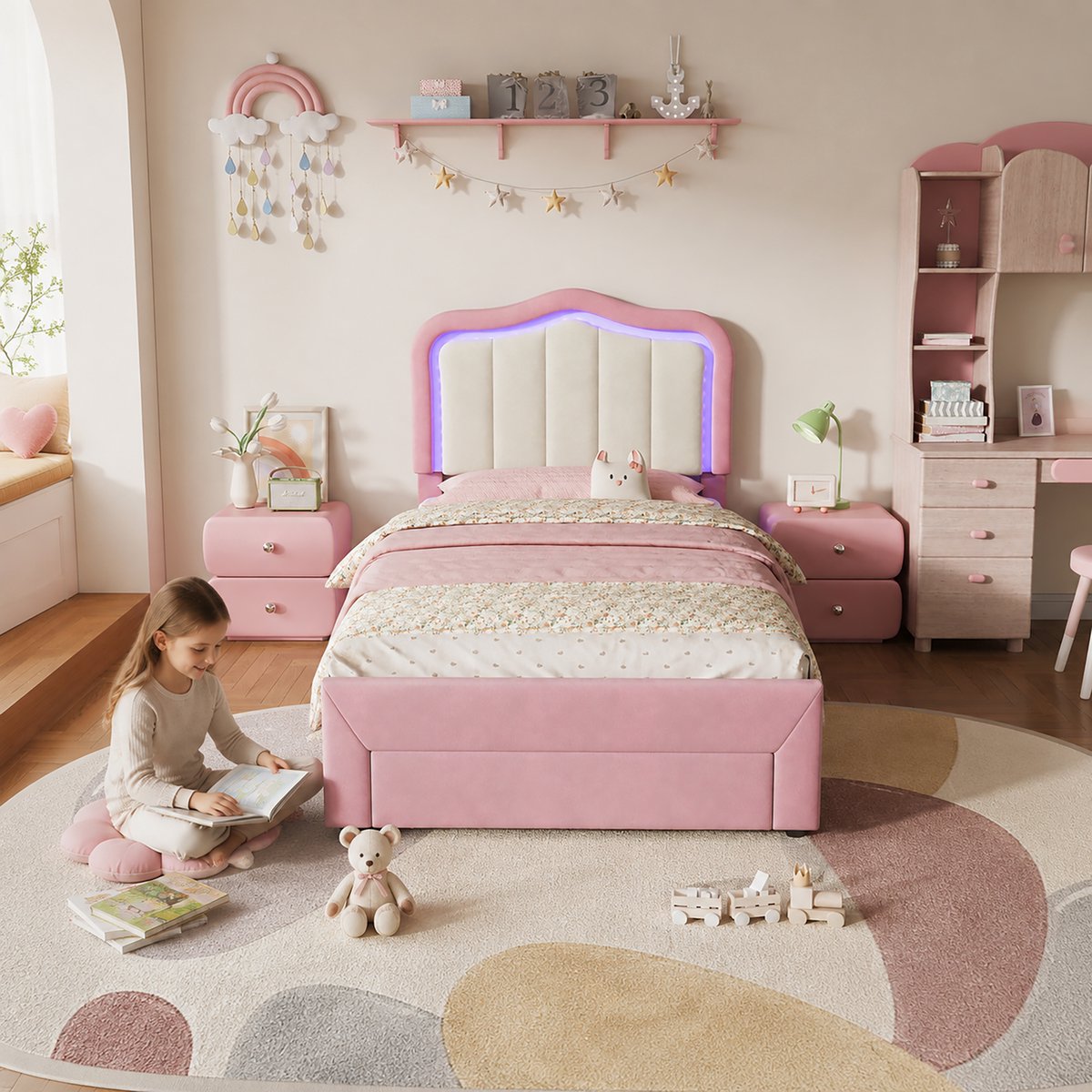 AURA LUMEN Gestoffeerd bed-Eenpersoonsbed-90 x 200 cm-Bed met lades-Bed met LED en USB-Rosa Roze