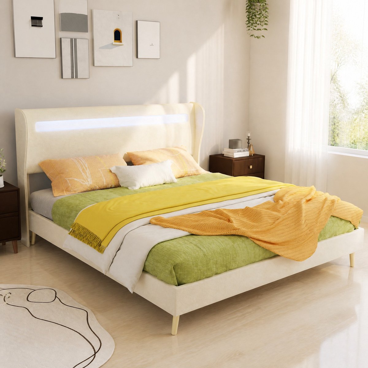 WUVRIE Tweepersoons bedframe 160x200 cm met verstelbaar LED-hoofdbord en lattenbodem, beige