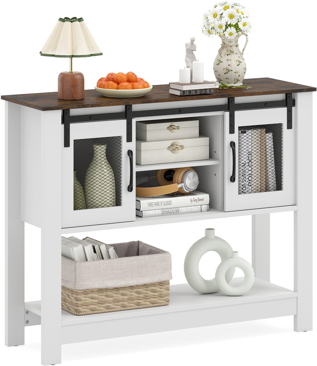 Costway Sideboard Hout, Haltafel met Opbergruimte, 2 Schuifdeuren, 2 Open Vakken, Verstelbaar Schap, Buffetkast Keukenkast, Entree-tafel voor Hal & Keuken, Moderne Kledingkast, 102 x 32 x 82 cm, Wit Rustiek bruin + Wit