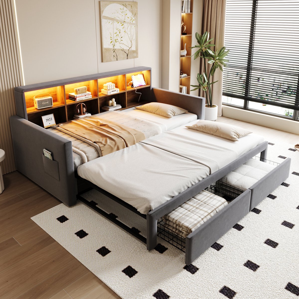 WUVRIE Uitklapbare slaapbank 90x190 cm met uitschuifbed, opbergruimte, LED en USB, donkergrijs