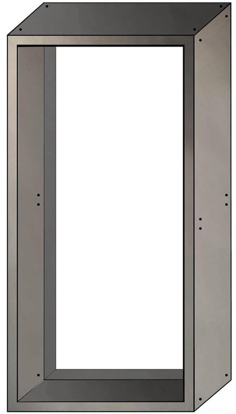 Rechthoekig grijs metalen frame voor houtopslag met schroefgaten voor montage.