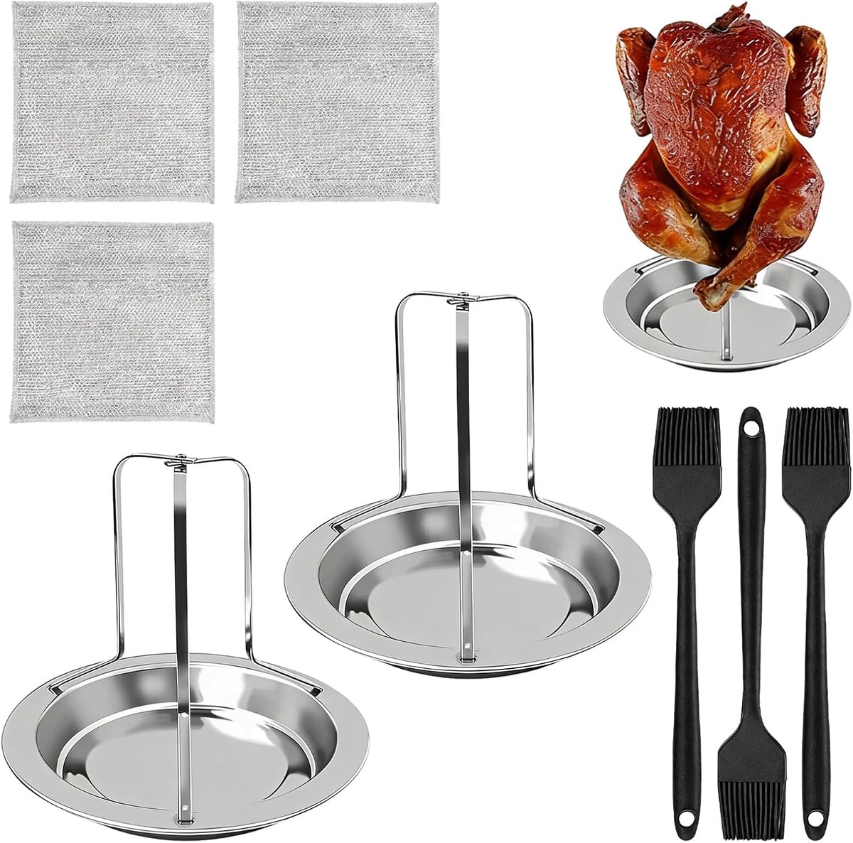 2 stuks kippenbrader roestvrij staal, hanghouder, oven, uitneembare kippengrill met 3 stuks oliekwast en 3 - ShopVlot