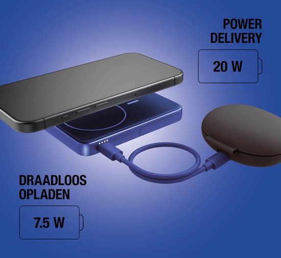 iPhone wordt draadloos opgeladen met een 7.5W powerbank, 20W power delivery is zichtbaar.