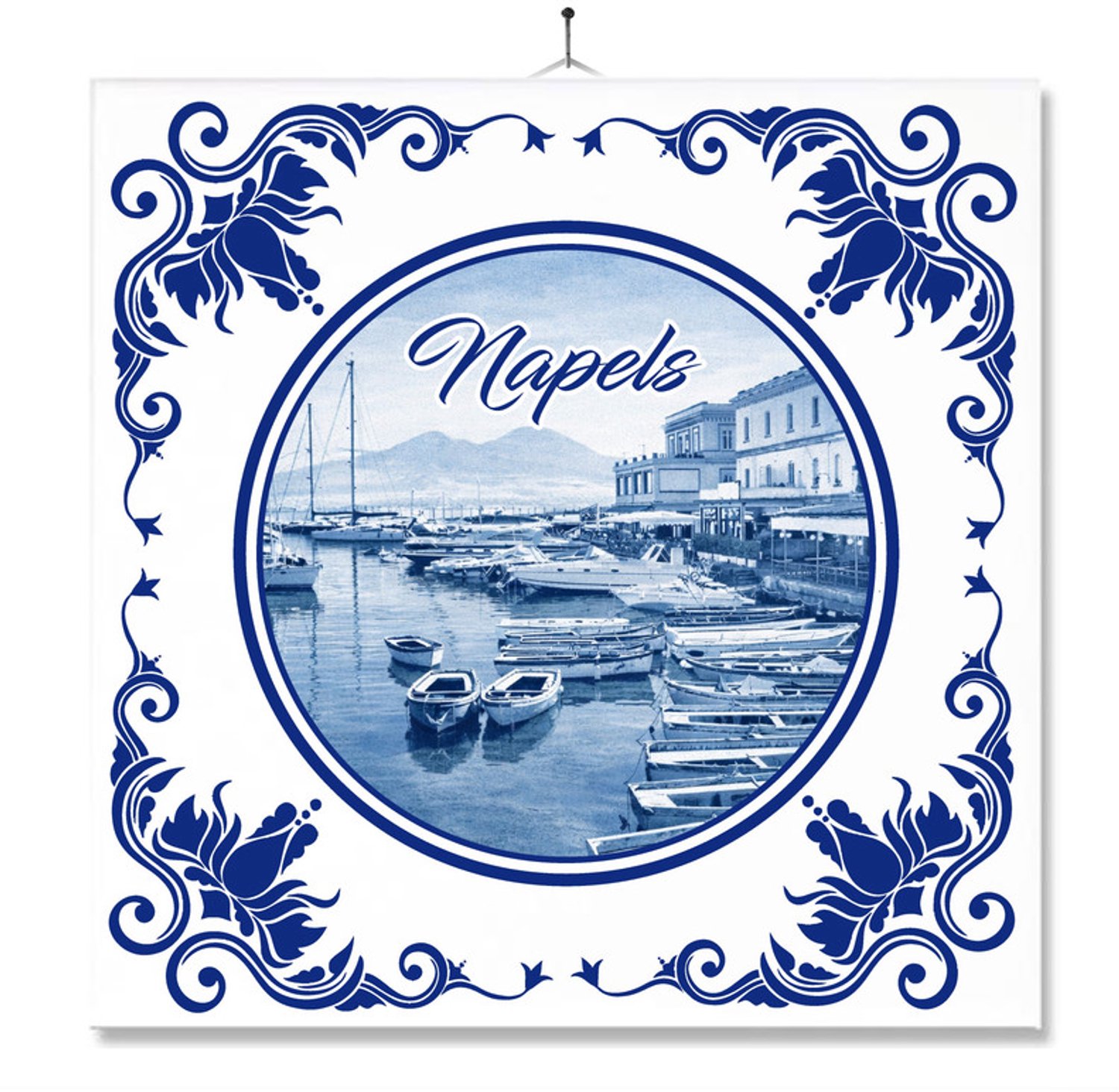 MC Living Tegel Met Opdruk | Napels | Delft Blauw | Cadeau | Inclusief Geschenkdoos | Standaard | Ophangsysteem Ontwerp 2