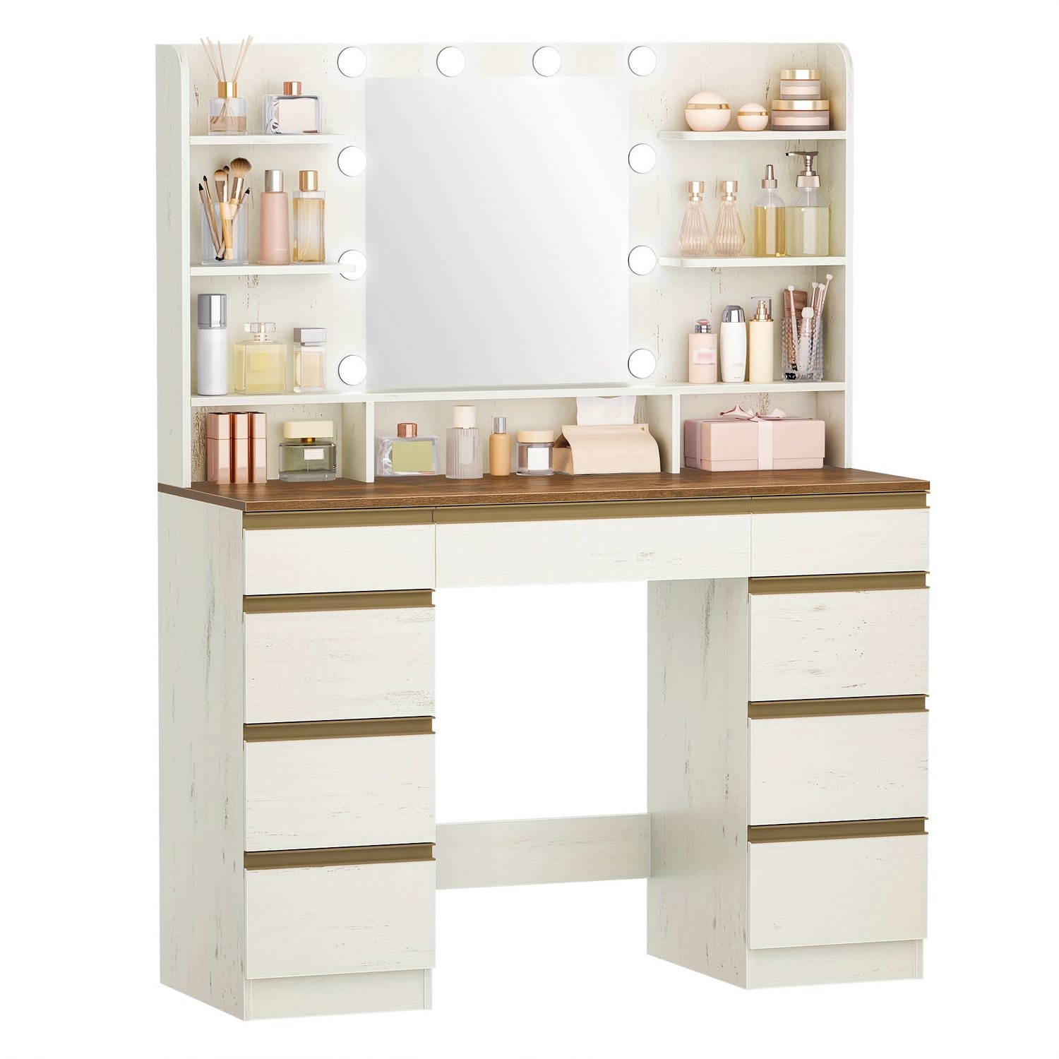 Mura Logistiek Mura Make Up Tafel - Kaptafel - Dressoir - Dressing Table - Sminktafel - 10 LED-Lampen 3 Lichtkleuren - 9 Lades - Wit Bruin