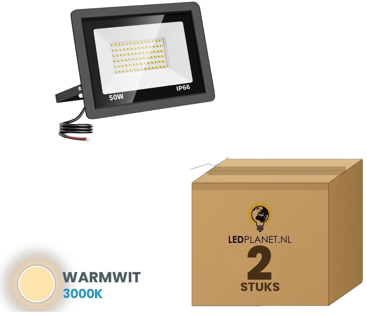 Tsong LED schijnwerper 50W - 2 stuks - Warmwit 3000K - 4.500 lm - 120° breedstraler - IP66