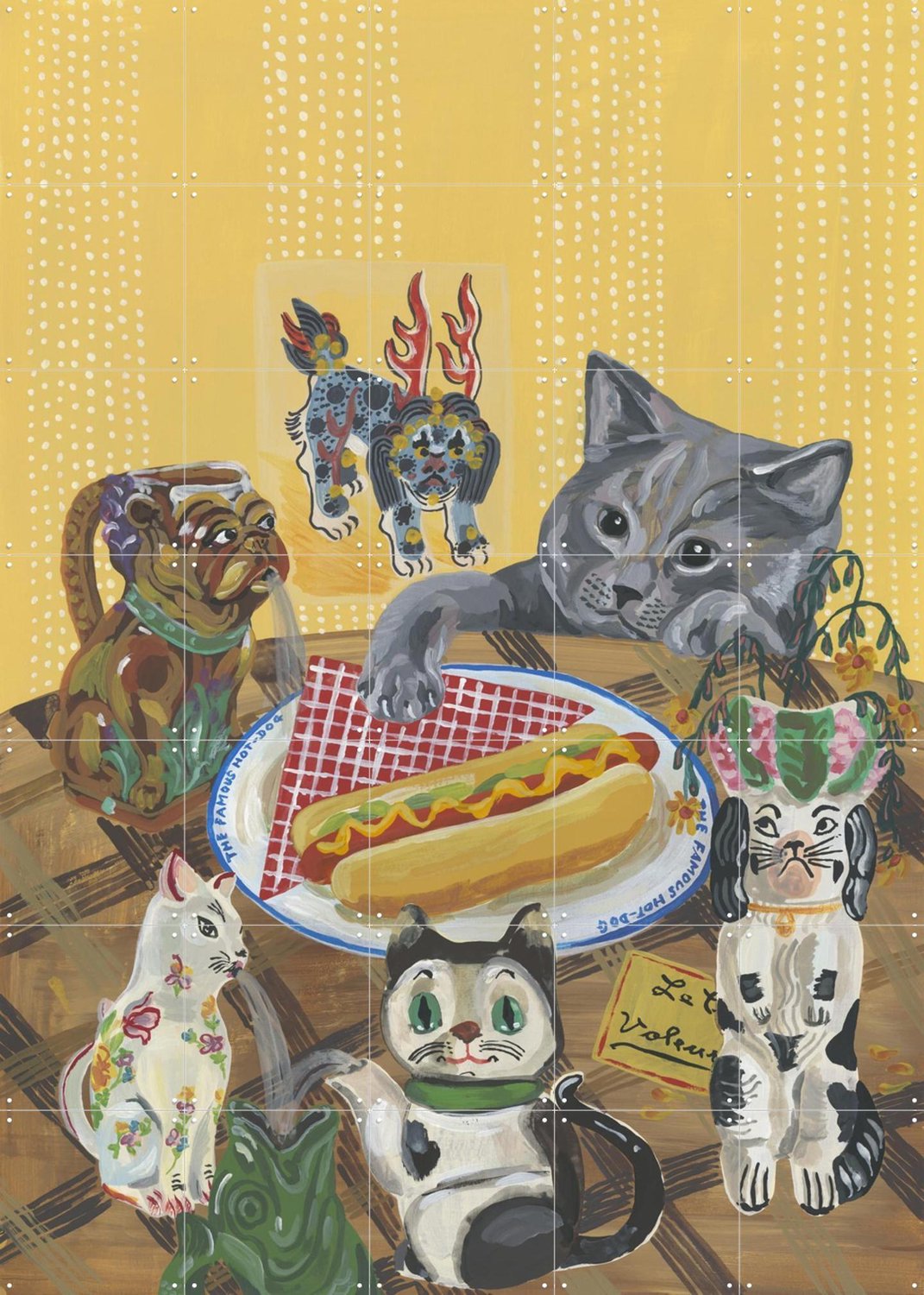 IXXI The Famous Hot Dog, Nathalie Lété - 100 x 140 cm - Grote wanddecoratie en posters - Speels, Illustraties, Eetkamer, Woonkamer, Dieren, Voedsel Geel