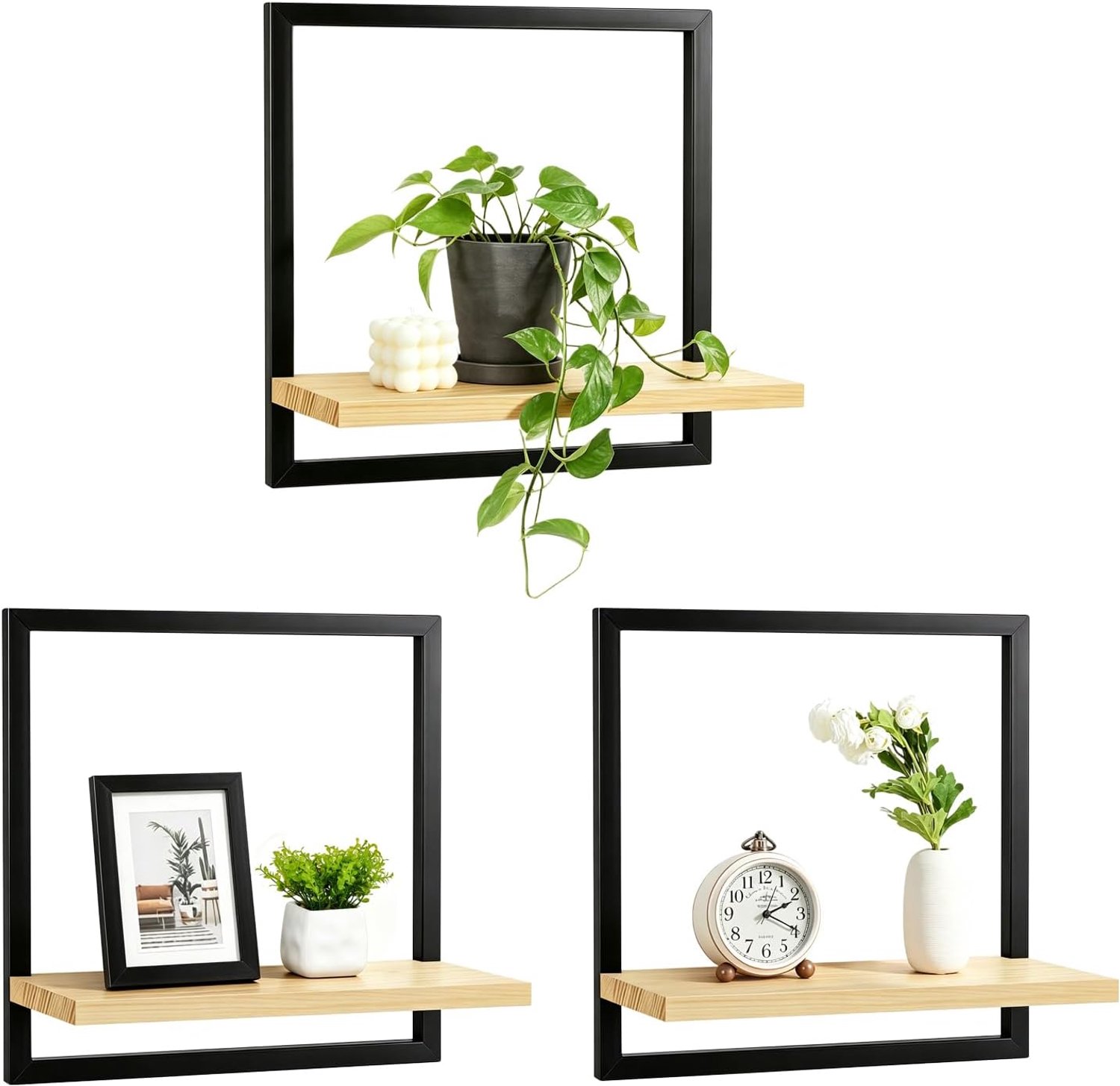 Zwevende Wandplanken, Vierkante Houten Planken Zwart